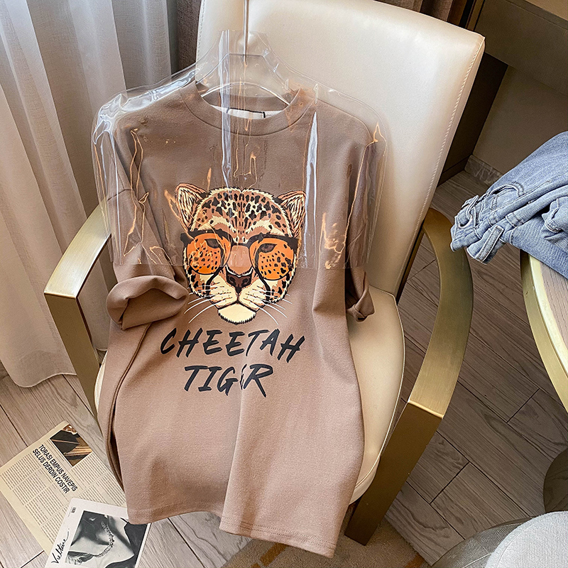 Pure cotton short-sleeved t-shirt for women summer 2022 medium length cartoon print round neck new tops plus size women's clothing