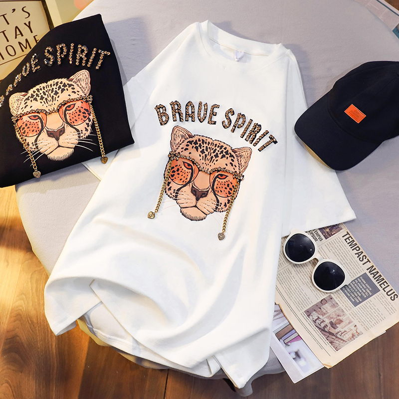 Cotton short sleeve T-shirt women's summer 2022 medium length hot drill cartoon new round neck top large women's wear