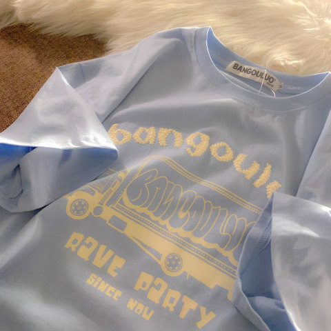 Soft milk Blue Short Sleeve T-Shirt women's loose Japanese hiphop national fashion couple half sleeve oversize cotton top