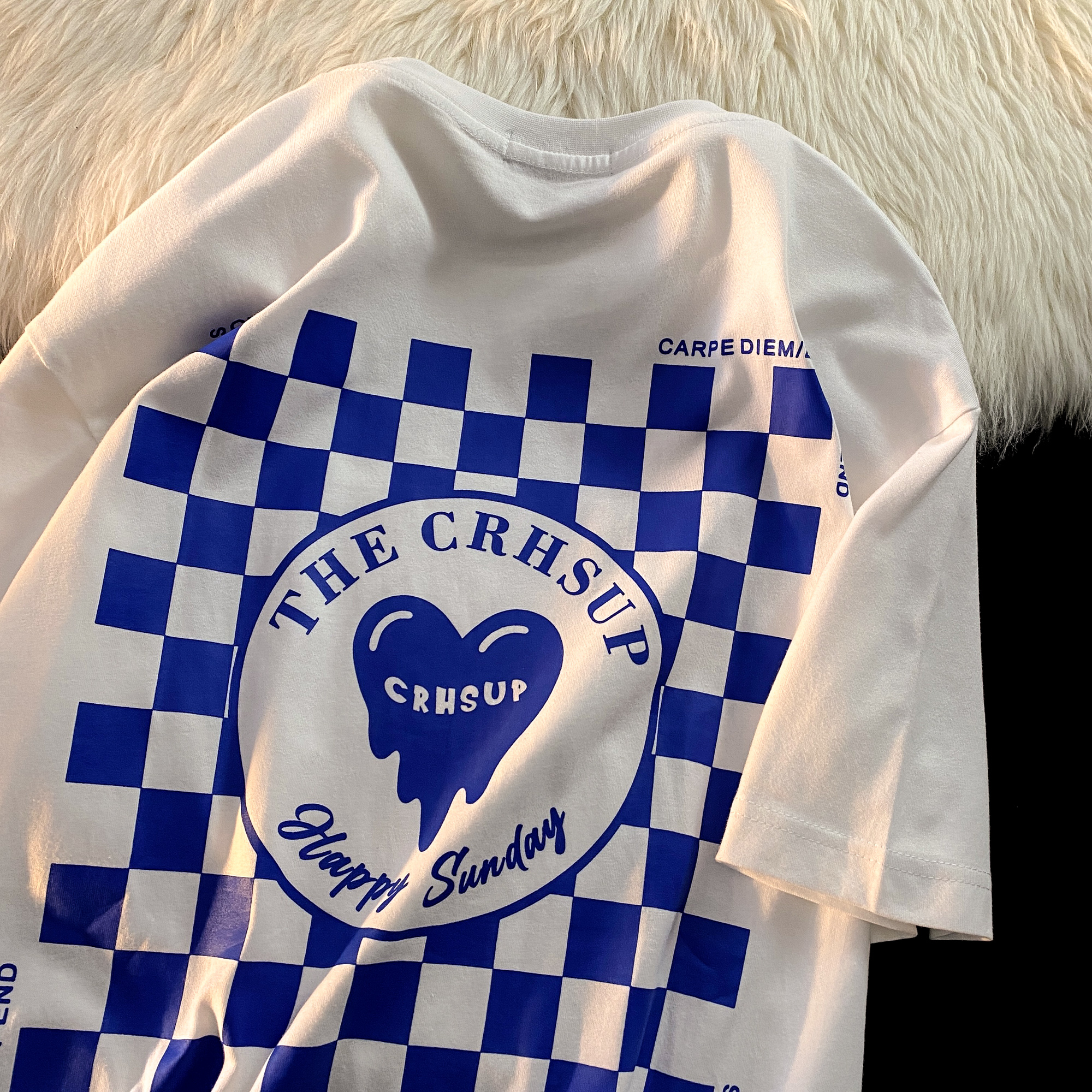 Checkerboard printed short sleeve T-shirt women's loose college style retro sweet BF couple half sleeve middle and long top