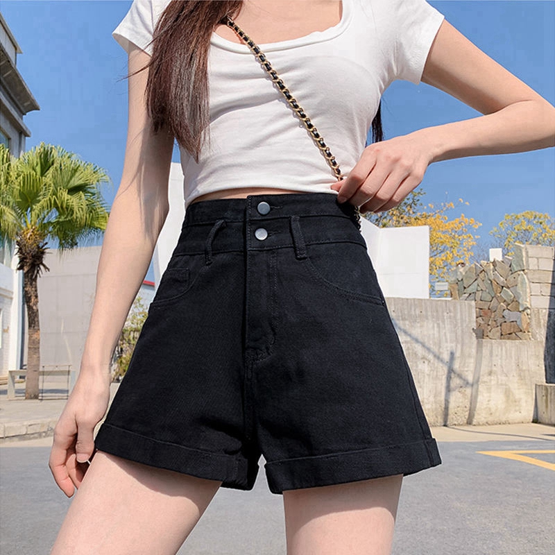 Shrimp skin hot summer new denim shorts women's loose high waist black thin Korean crimped net red a-word wide leg pants