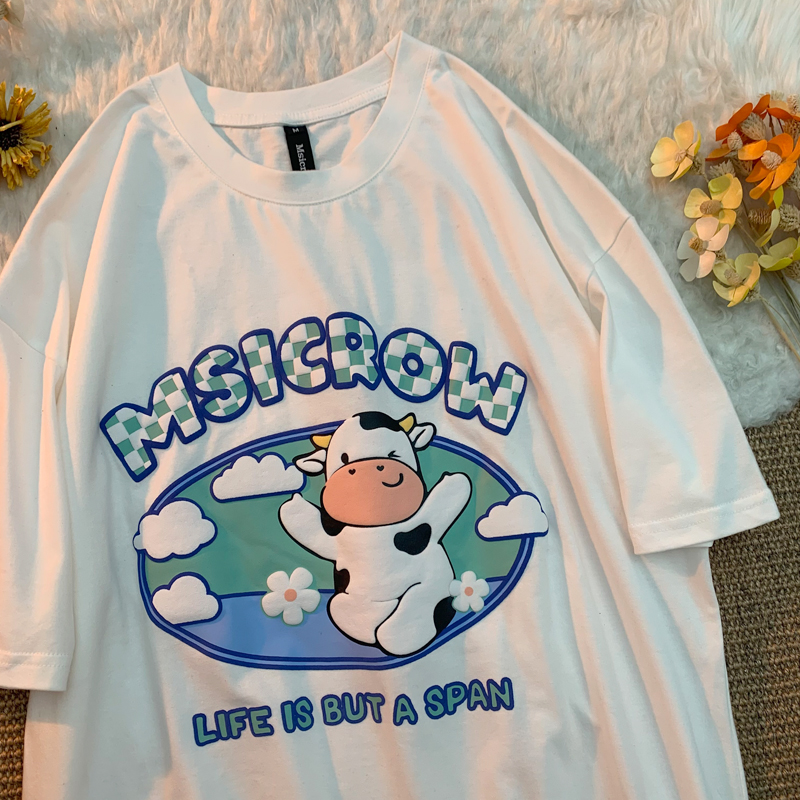 American retro cute cow cartoon printed round neck T-shirt women's loose Japanese short sleeved top in summer