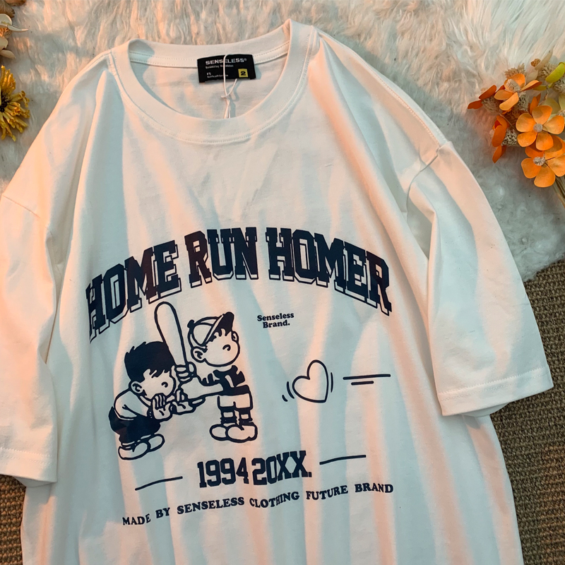 American retro cartoon letter printed T-shirt women's summer new Japanese couple short sleeved top