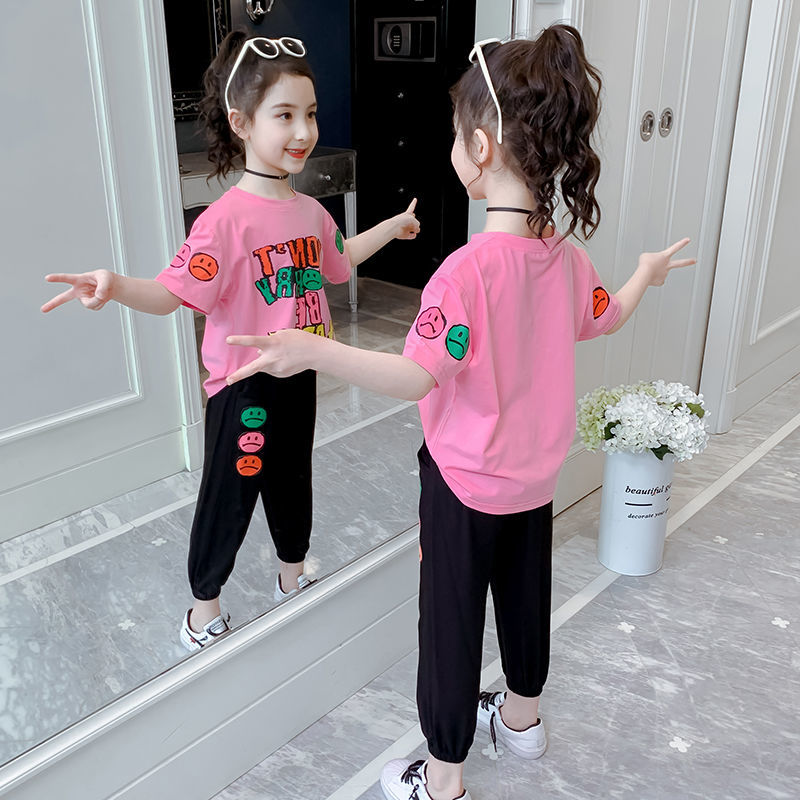 Girls' summer suit 2022 new middle and large children's net red, foreign style, fashionable sports short sleeved clothes