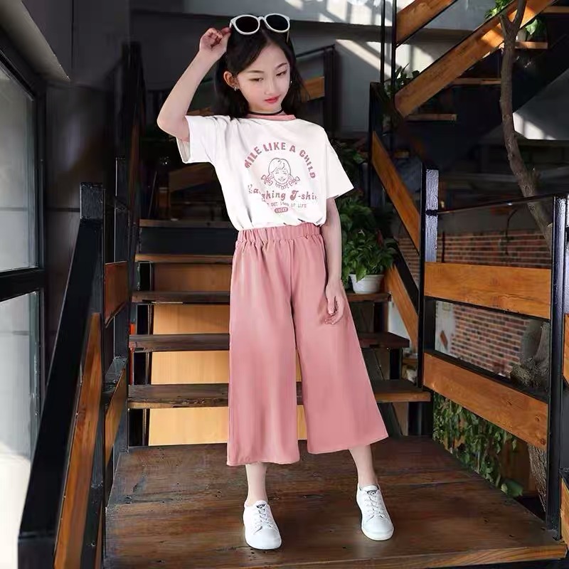 Girls' new summer suit, big boys' foreign style, fashionable short sleeved wide leg pants, two-piece children's suit