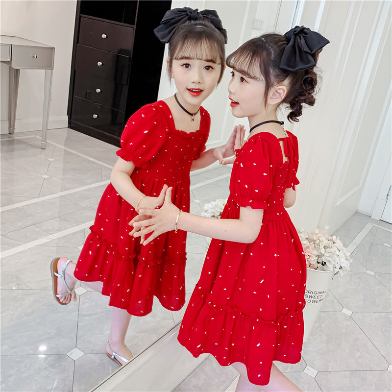 Children's clothes 2021 summer new girls middle and big children's Chiffon short sleeved dress children's net red girlfriends dress trend