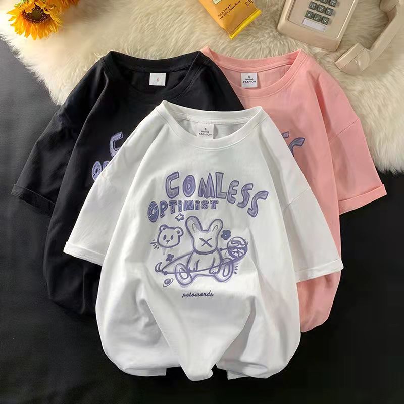 Pure cotton original white Harajuku style printed short sleeved T-shirt women's ins loose Korean version versatile fashion gentle top fashion
