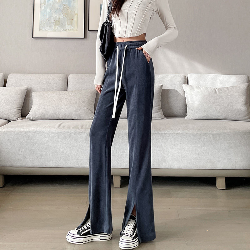 Front split flared pants women's spring and autumn sagging feeling wide leg pants drawstring elastic waist casual micro flared floor mops
