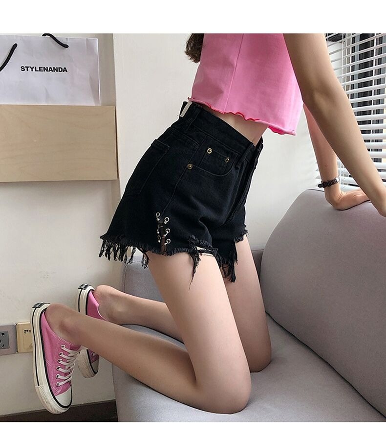 Non real shot broken hole jeans women's summer high waist A-shaped net red tide and thin denim shorts in summer 2022