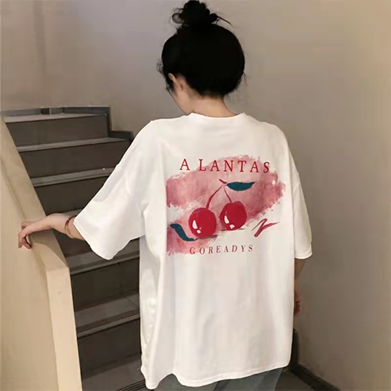 Cotton short sleeved female student t-shirt men's top good quality front and back cherry printing loose Korean version tide thin white bottomed shirt net red same multi-color large size spring and summer