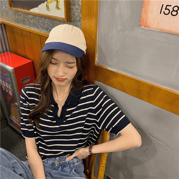 Striped Pullover short sleeve T-shirt thin women's summer 2021 new Korean loose and versatile casual top