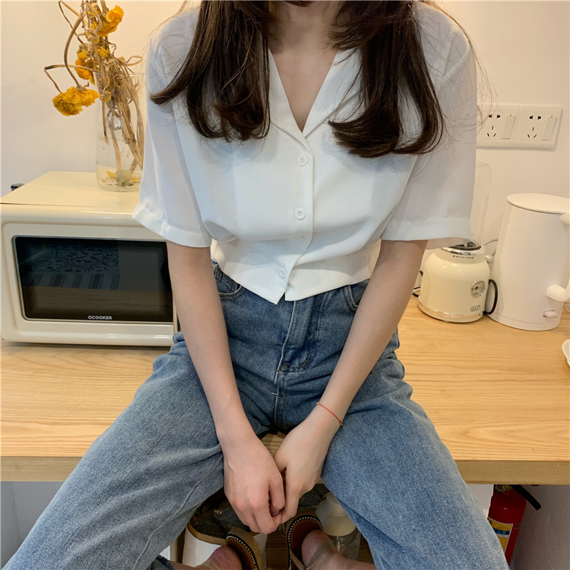 Korean chic short style design temperament Chiffon short sleeve shirt