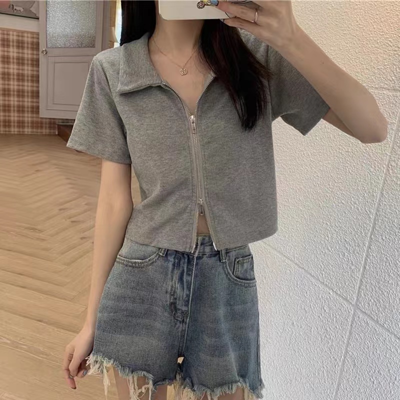Short t-shirt female Lapel Polo student zipper cardigan slim fit high waist exposed navel Short Sleeve Top Design Summer