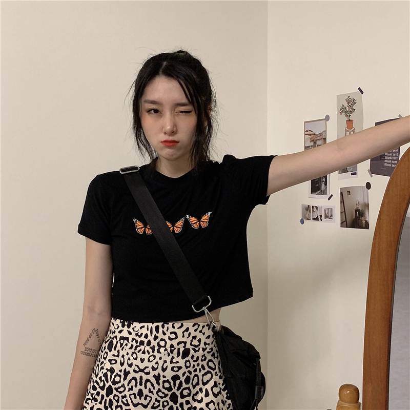 Printed net red butterfly short T-shirt bottom shirt women's summer Korean round neck short sleeve top