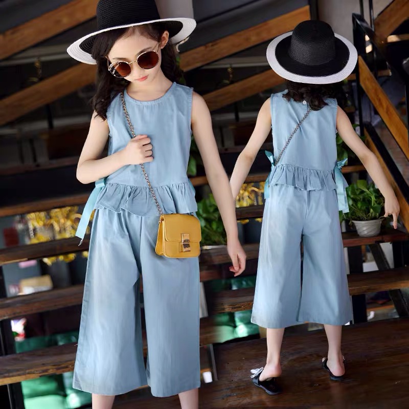 Girls' net red suit, trendy summer dress, Korean version, foreign style, wide leg pants, middle school children's fashionable two-piece set