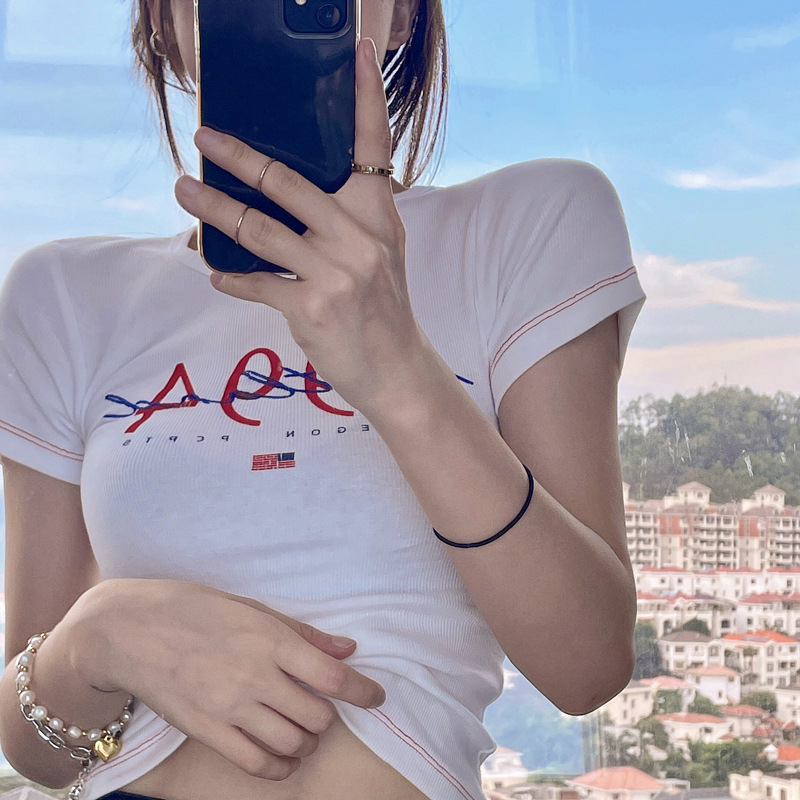 6737# thread T-shirt women's fashion tight short bottomed shirt summer slim fit with short sleeved top