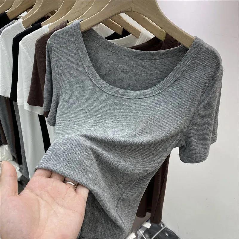 6752# thread inside lap short sleeve t-shirt female low round neck bottomed shirt student top