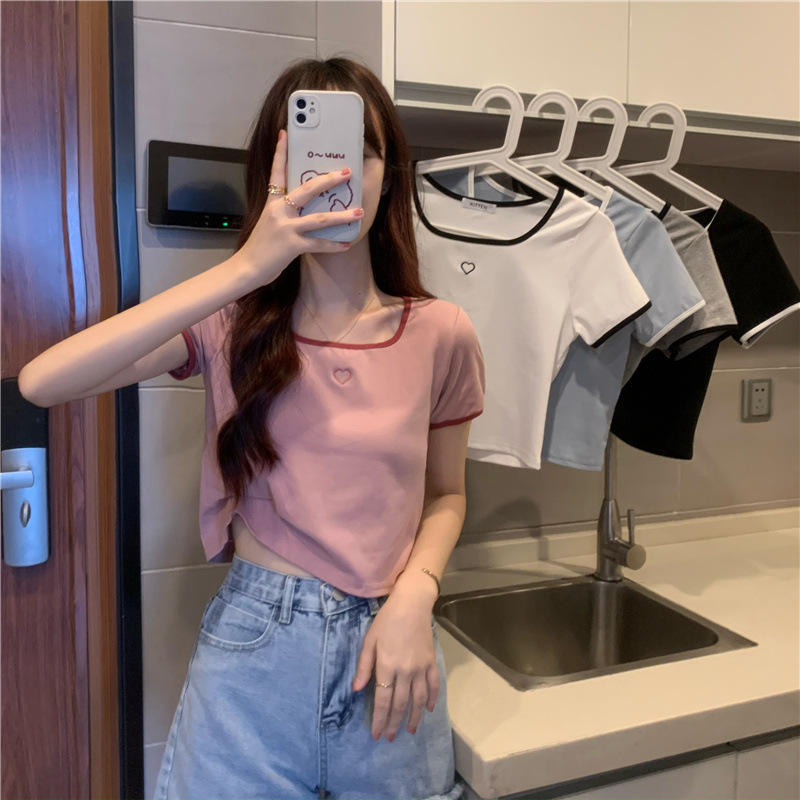 6753# love embroidery T-shirt women's fashion short Spice Girl slim short sleeve top summer