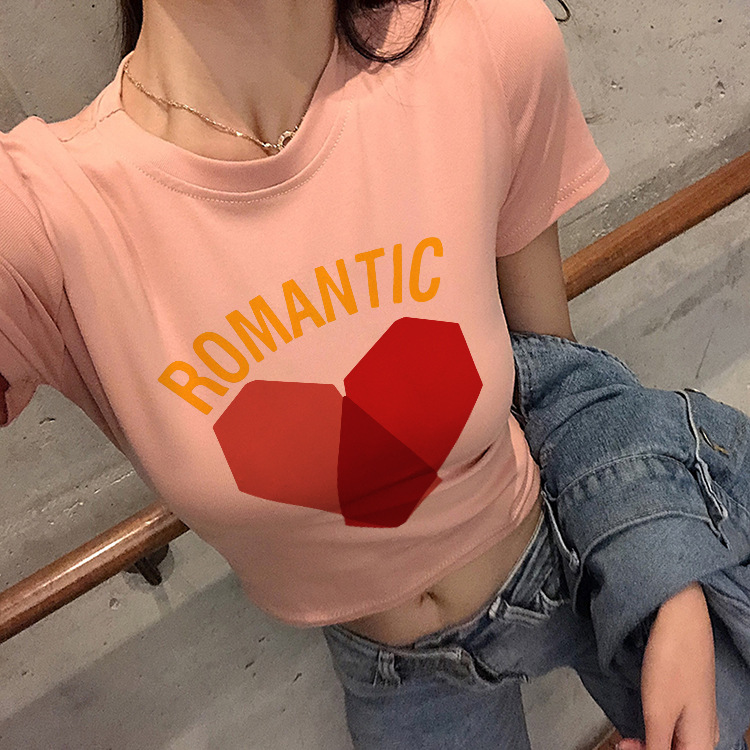 6759# short T-shirt women's round neck exposed belly button high waist short sleeve student clothes