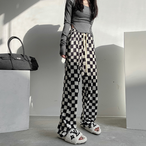 Real price chessboard wide leg pants women's spring and autumn spring clothes high waist leisure floor dragging straight tube black and white checked pants