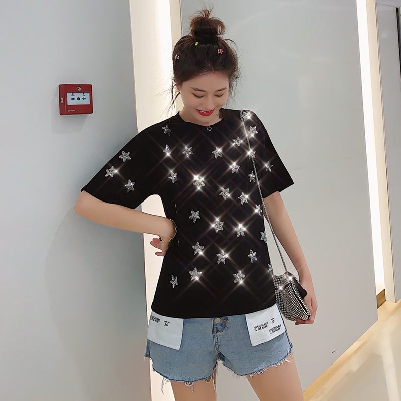 Special price pure cotton net red harbor style glittering star pure cotton short sleeve T-shirt women's bottom shirt