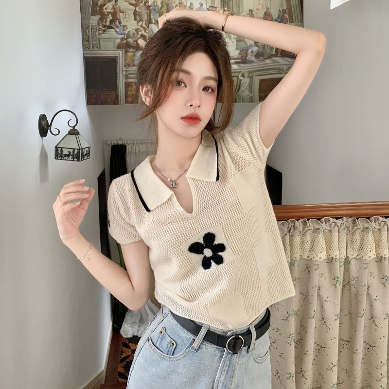 Polo collar soft waxy short sleeve sweater T-shirt women summer thin French v-neck high waist short coat small