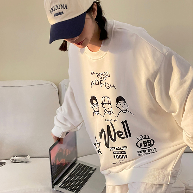 Autumn and winter white funny cartoon printing casual and versatile girl long sleeve round neck Pullover Top lazy wind women's sweater