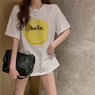 2022 summer new French Joker smiling face small T-shirt women's long loose slim couple coat ins tide
