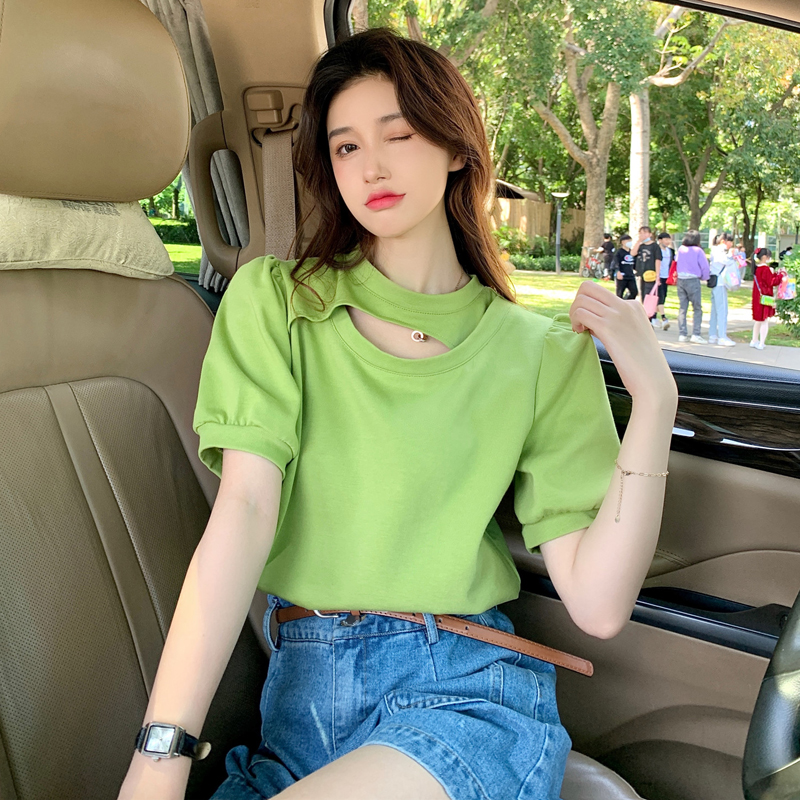 Real price 5576\summer net red new loose care machine hollow out design bubble sleeve super fire shoulder short sleeve T-shirt