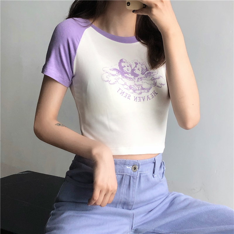 Vintage Purple Little Angel Top Slim Rib White Short Sleeve T-Shirt Women