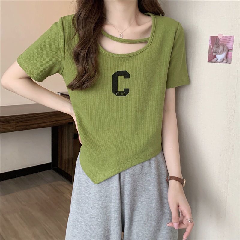 Real price 5577\korean version new irregular design t-shirt women's lock leg letter printing loose short sleeve top