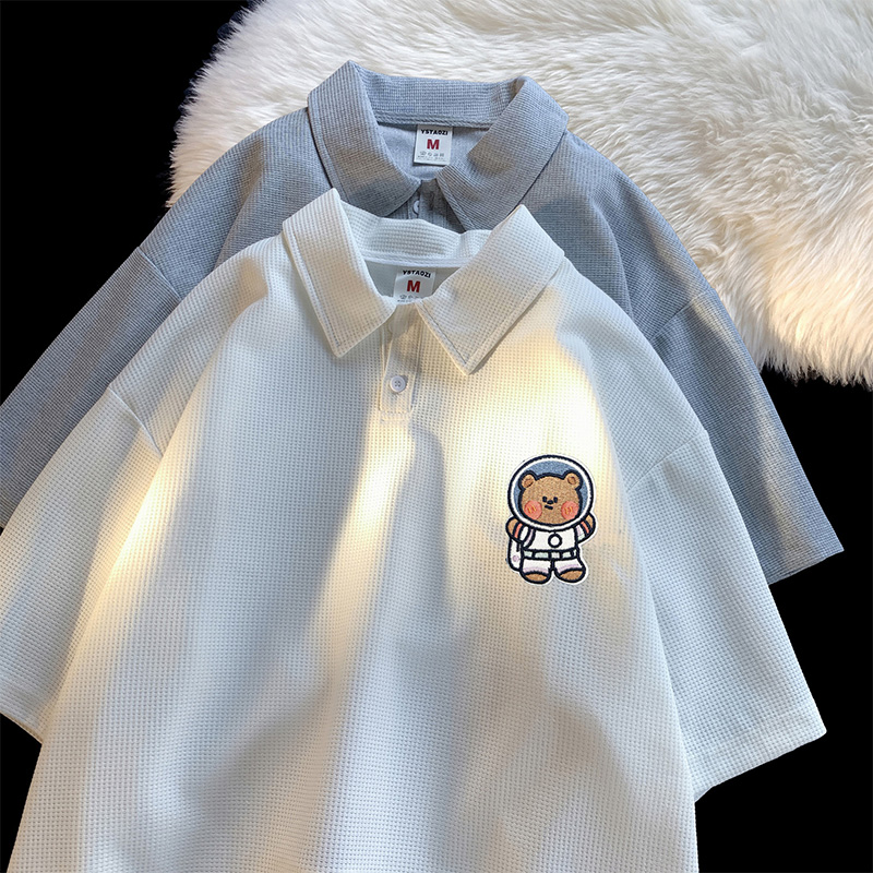 Waffle Polo neck short sleeve T-shirt women's loose ins top schoolgirl fashion