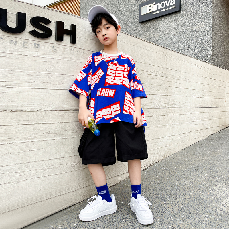 Cotton boys' summer clothes foreign style short sleeved suit 2022 new children's summer fried Street two-piece suit trendy boys' summer style