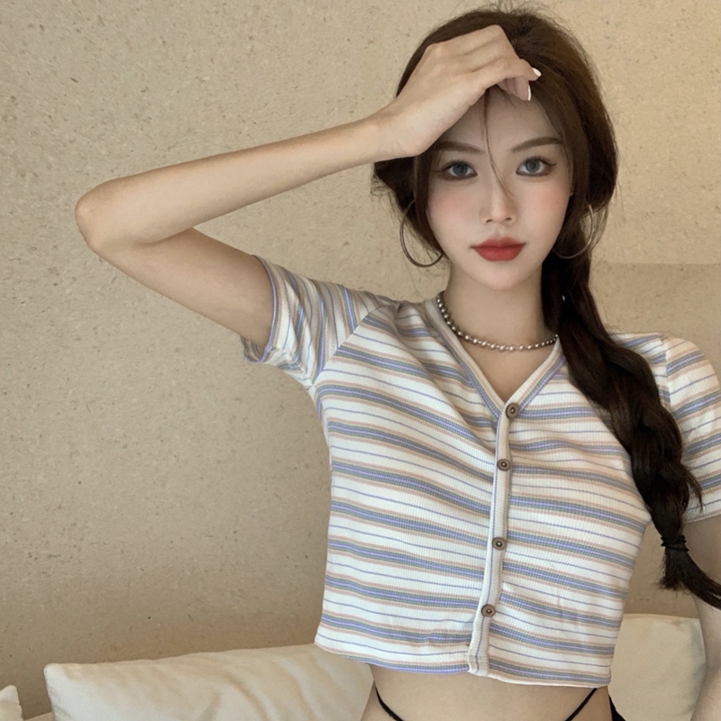 Jinliang Tengda official figure Imitation cotton rib pull frame Spice Girl stripe T-shirt women's summer V-neck short high waist slim fit