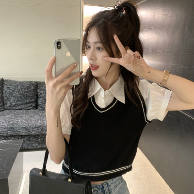Fake two short shirts women's summer  new design contrast color stitching slim polo collar short sleeve top