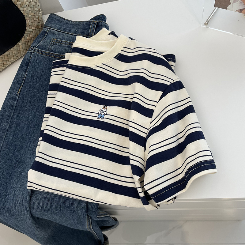 6535 cotton new short sleeve T-shirt women's stripe embroidery