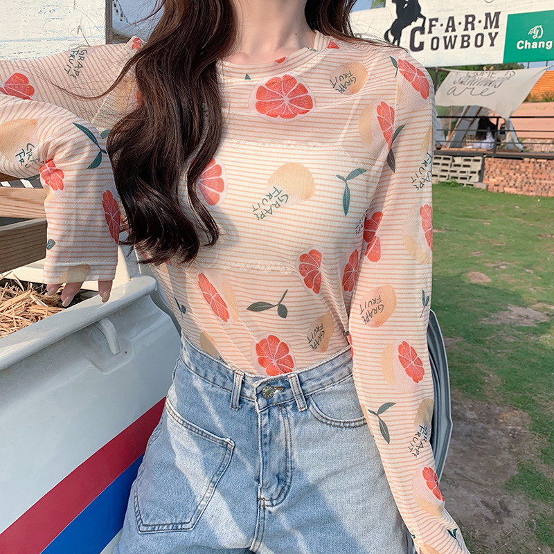 Elegant style summer 2021 new bottomed T-shirt striped screen printed long sleeve women's inner layer with sunscreen upper clothes