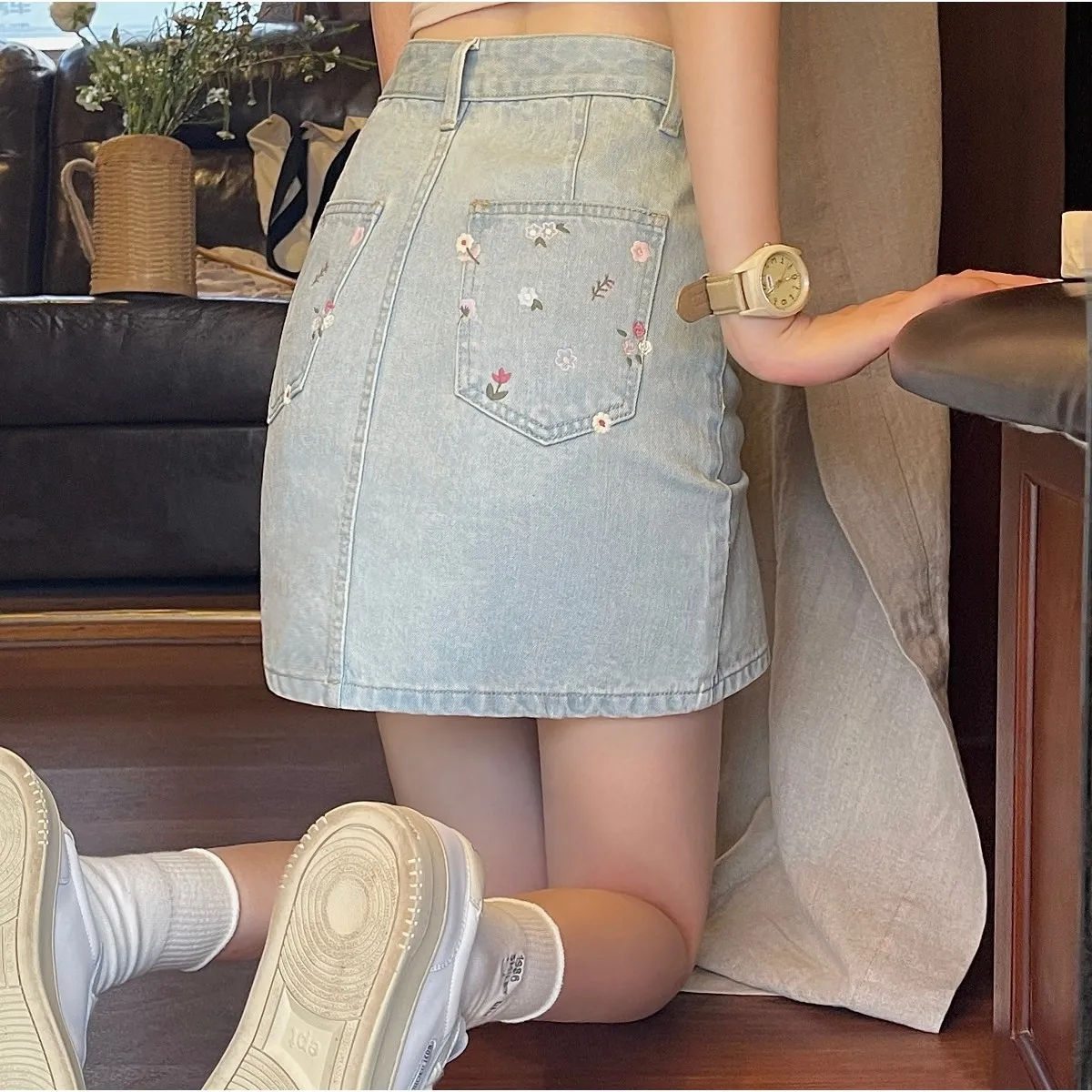 Floral Embroidered Denim Skirt women's High Waist Hip Wrap A-line skirt short skirt summer design sense of minority Spice Girl Skirt