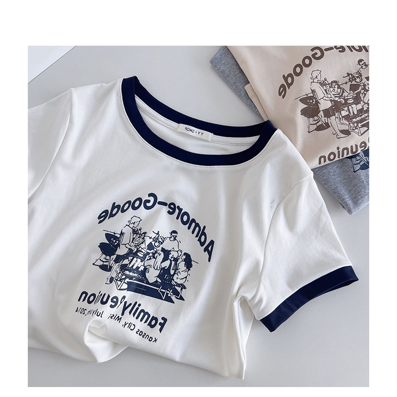Official figure 95% cotton 5% spandex slim fit short T-shirt women's summer design round neck short sleeve