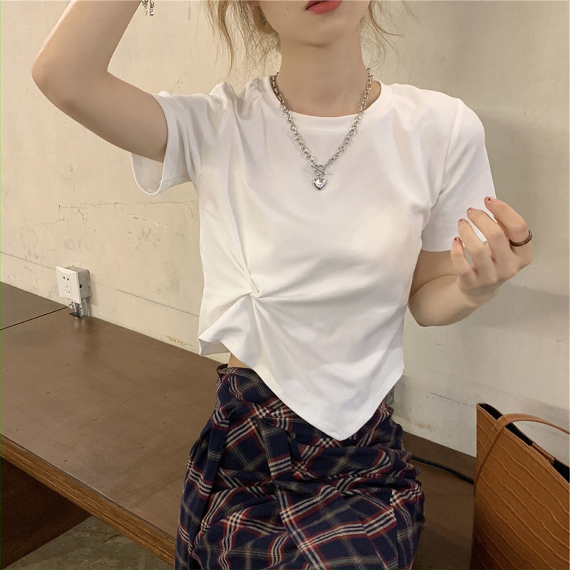 Summer new irregular design white short sleeve T-shirt women's summer minority pleated short top