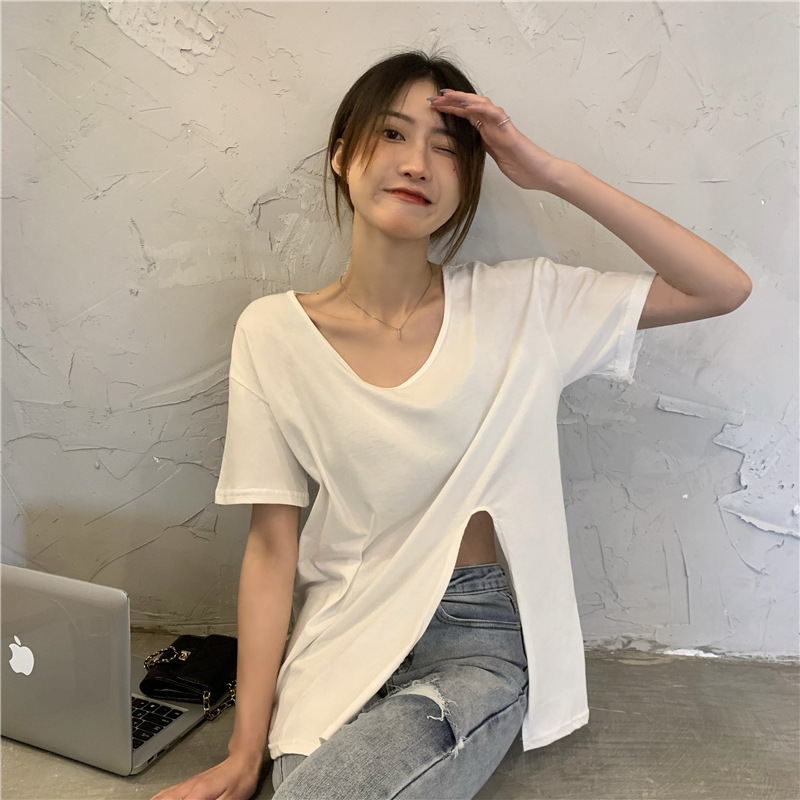 6712# split V-neck short sleeve T-shirt women's summer design sense collarbone chic loose