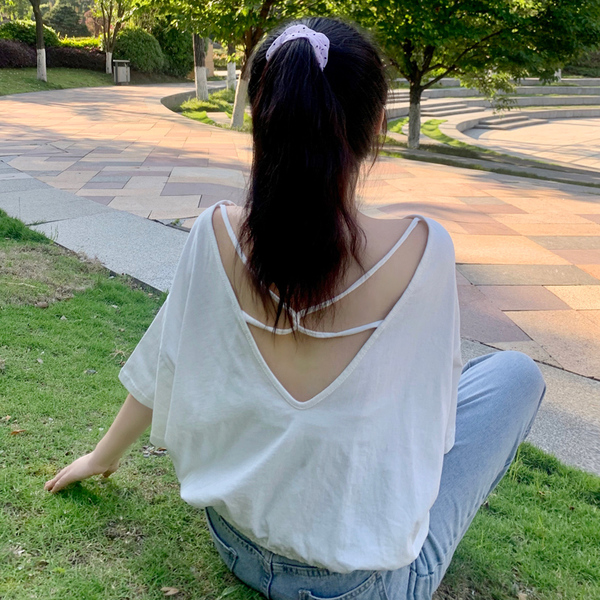 Real shot 65 cotton hollow out backless short sleeve T-shirt women's fashion Korean ins loose foreign style solid color top