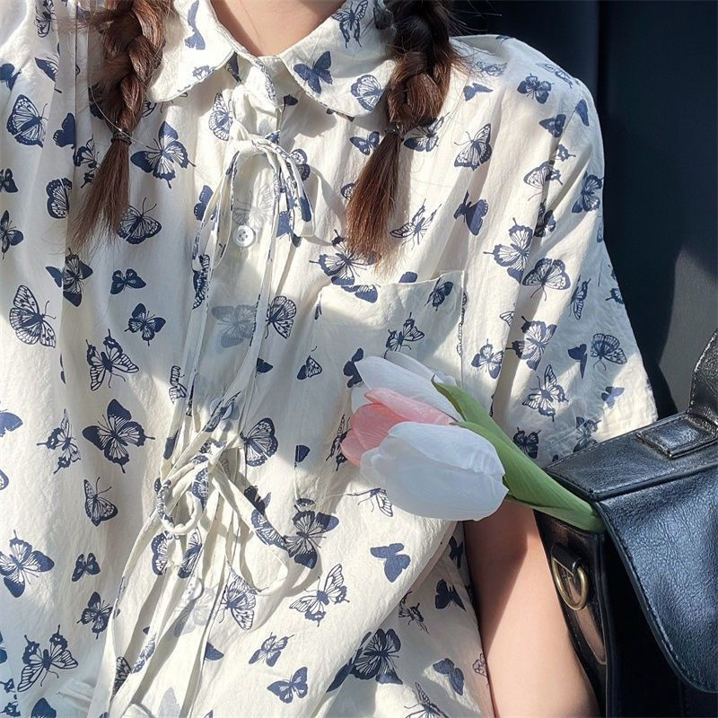 Summer 2022 New Retro Japanese butterfly printed short sleeve shirt women's cool and cute versatile blouse