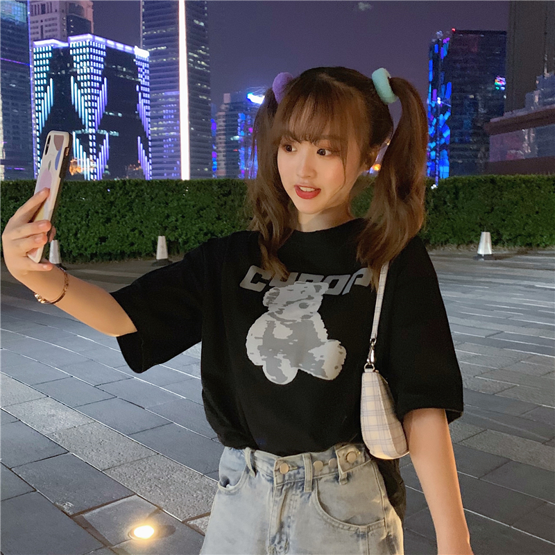 Cotton new summer net red Korean version loose long sleeve cotton bear T-shirt women's black top