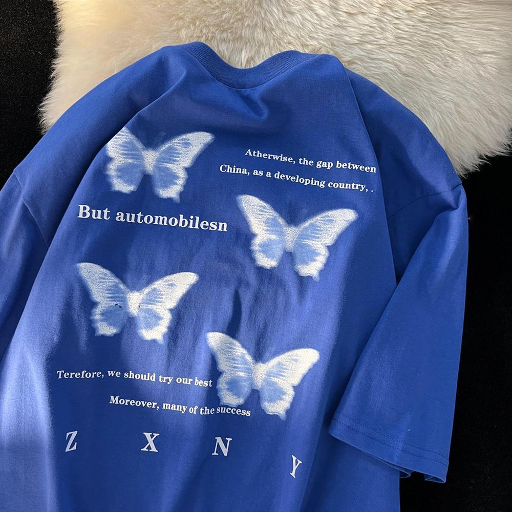 Summer new Korean loose short sleeve t-shirt female student sweet cool fuzzy butterfly print couple top