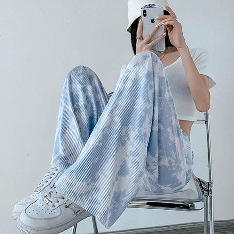 Blue pants women's wide leg pants women's summer high waist pants loose vertical ice silk floor dragging leisure pants