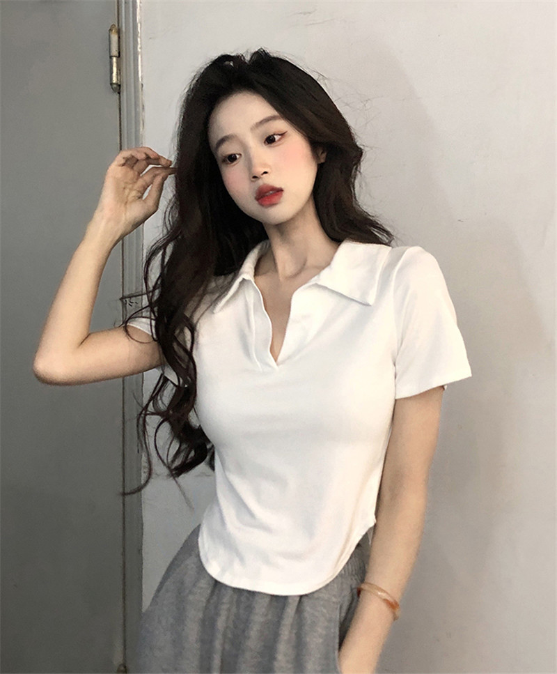 Spice Girl polo collar short T-shirt summer new design sense slim white short sleeve top women