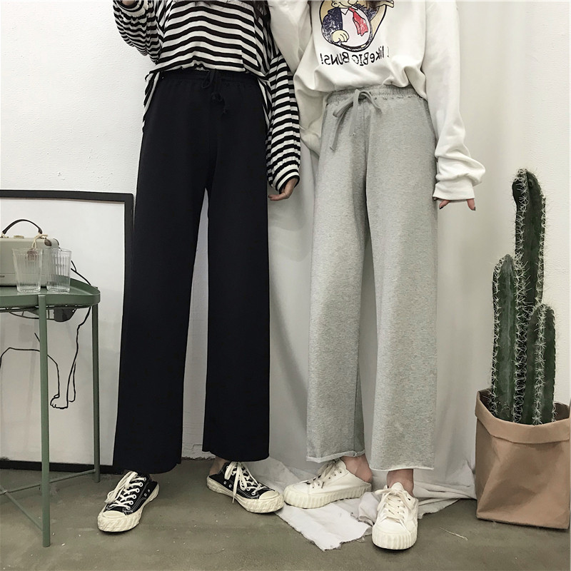 Non real shooting fall and winter wide leg pants women's high waist curled loose Plush sports casual pants