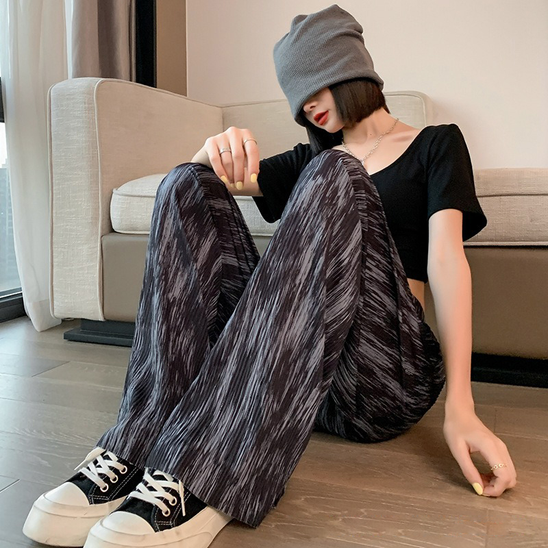 Tie dyed black wide legged pants for women in summer, thin, loose, high waist, hanging feeling, casual ice silk mop pants