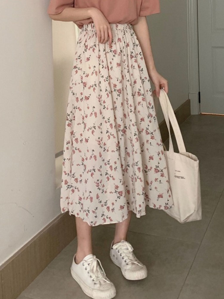 [Chiffon] Chiffon floral skirt women's summer small fresh high waist mid length skirt looks thin A-line skirt